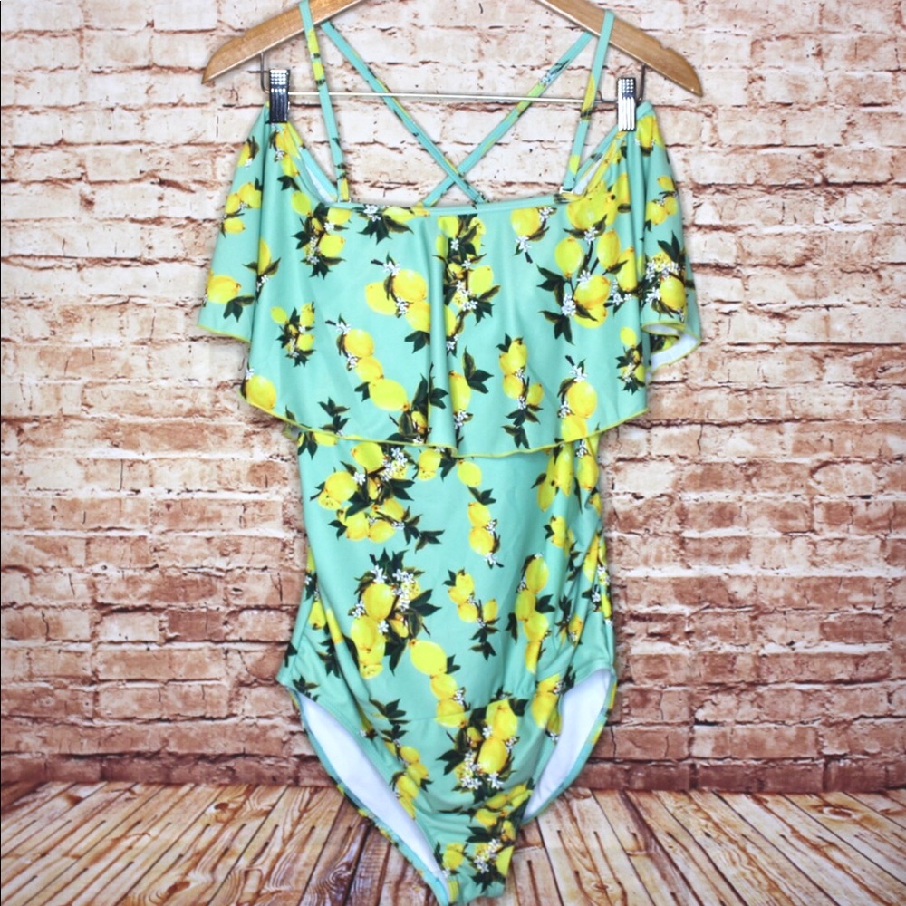 Hello Summer Mint Lemon Off The Shoulder Swimsuit